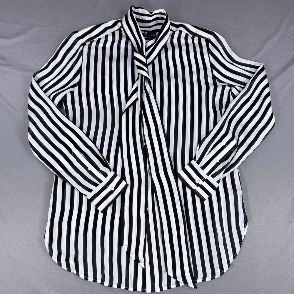 Polo Ralph Lauren Silk Blouse Womens Small Petite Black White Stripe Dress Shirt